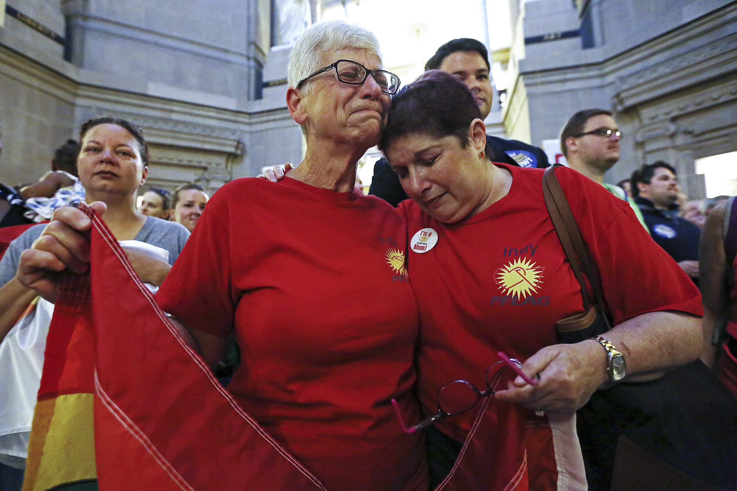  Betty Lynch and Annette Gross embrace during a rally celebrating the nationwide legality of same-sex marriage Friday, June 26, 2015, at the Statehouse in Indianapolis. Lynch and Gross both have gay sons who will now be able to marry in any state. 