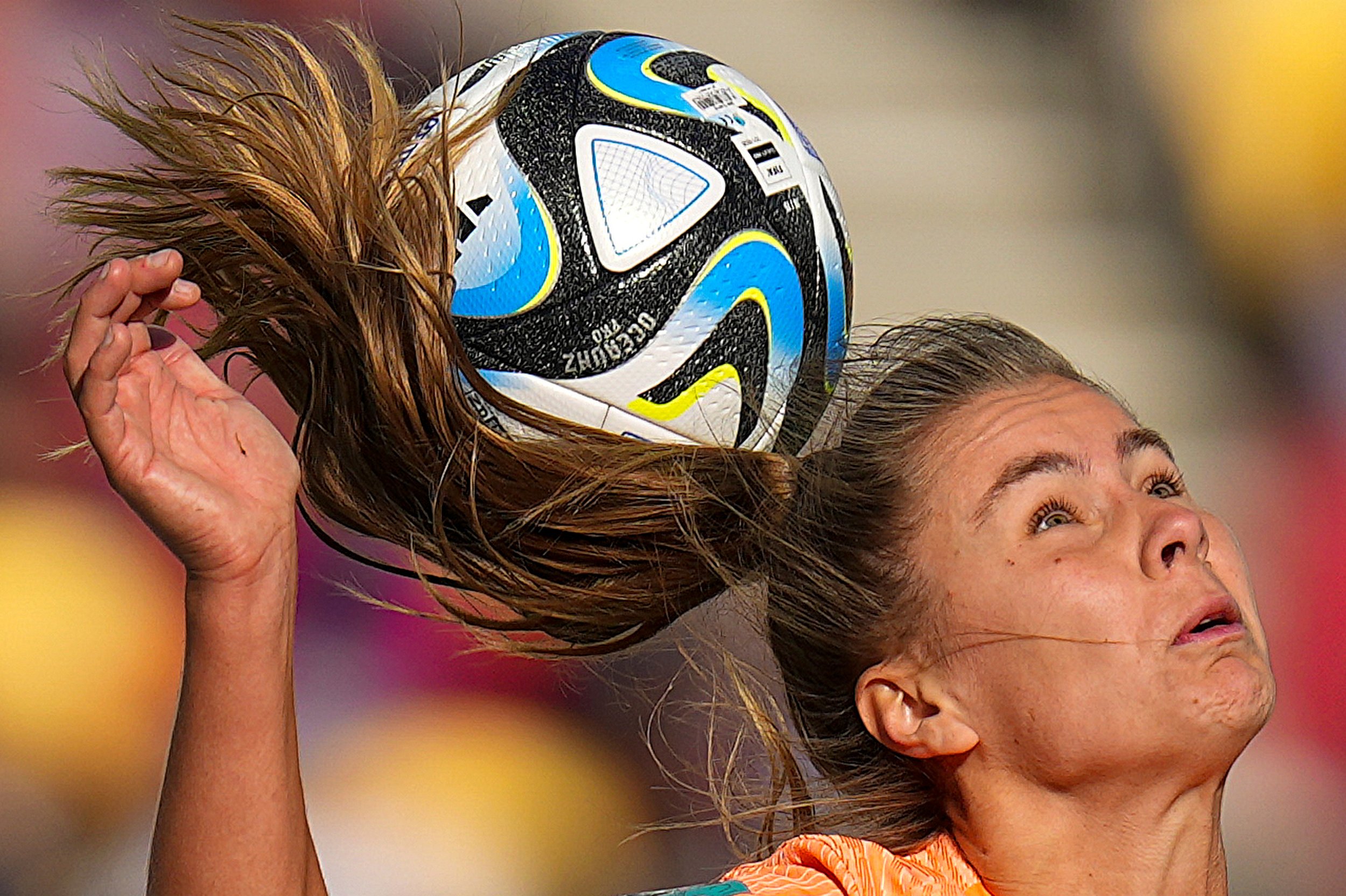  Netherlands midfielder Victoria Pelova (17) heads the ball during the second half in a group stage match July 27, 2023, for the 2023 FIFA Women's World Cup at Wellington Regional Stadium in New Zealand. 