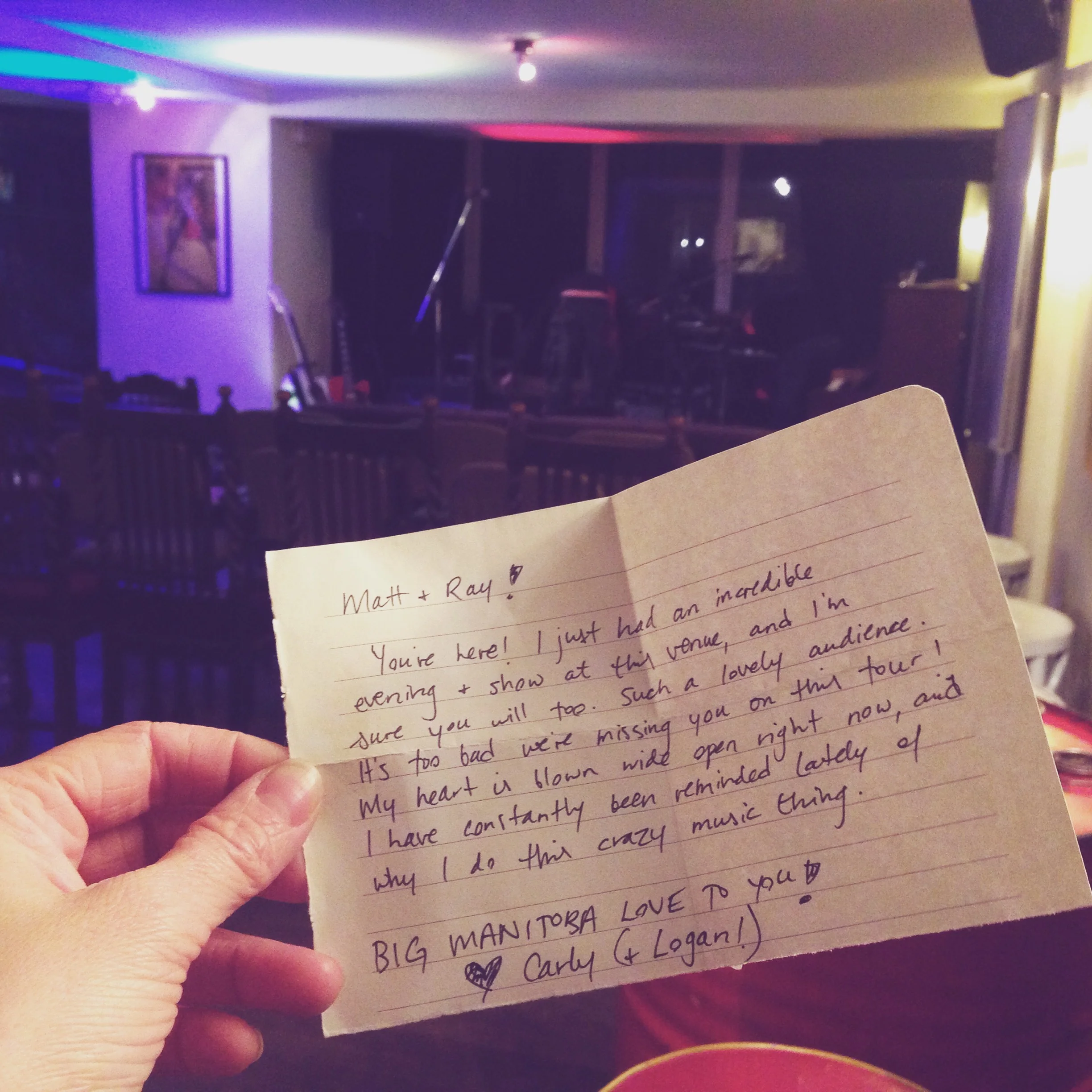 Köln, D E – A note left for us at the venue by fellow Winnipeger Carly Dow who had been there a week before.