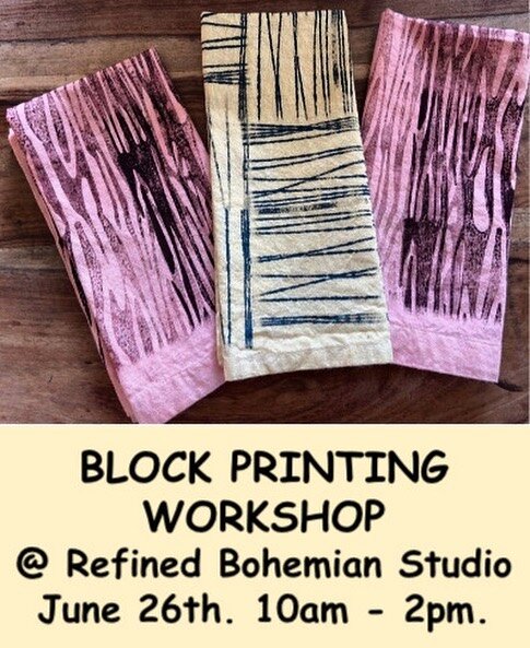 A few spots left for block printing @refinedbohemian studio learn the art of block printing!  Come make your own print blocks, use wooden blocks and other materials to create one of a kind prints on fabric and paper. Take home your own designed piece