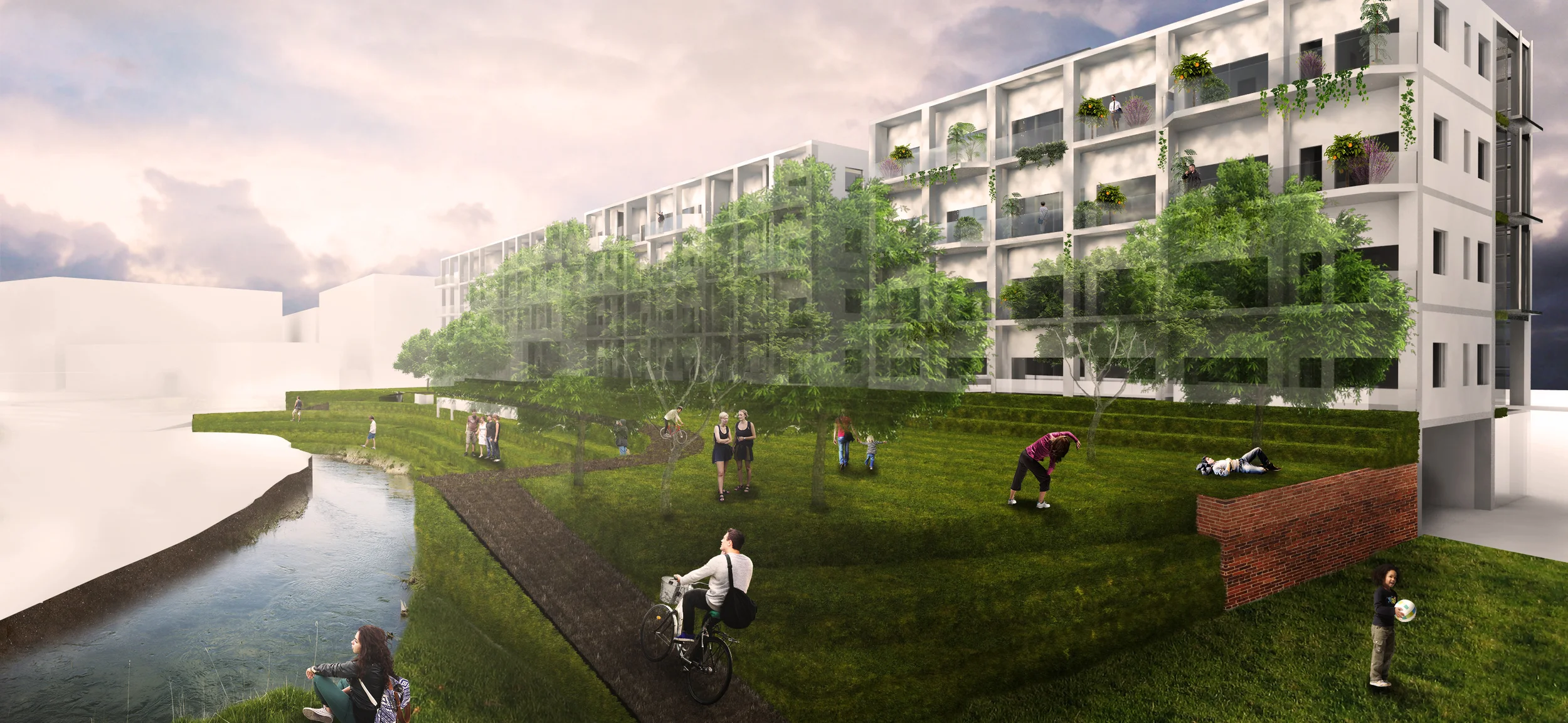 Exterior Rendering of River Facing Facade of Housing