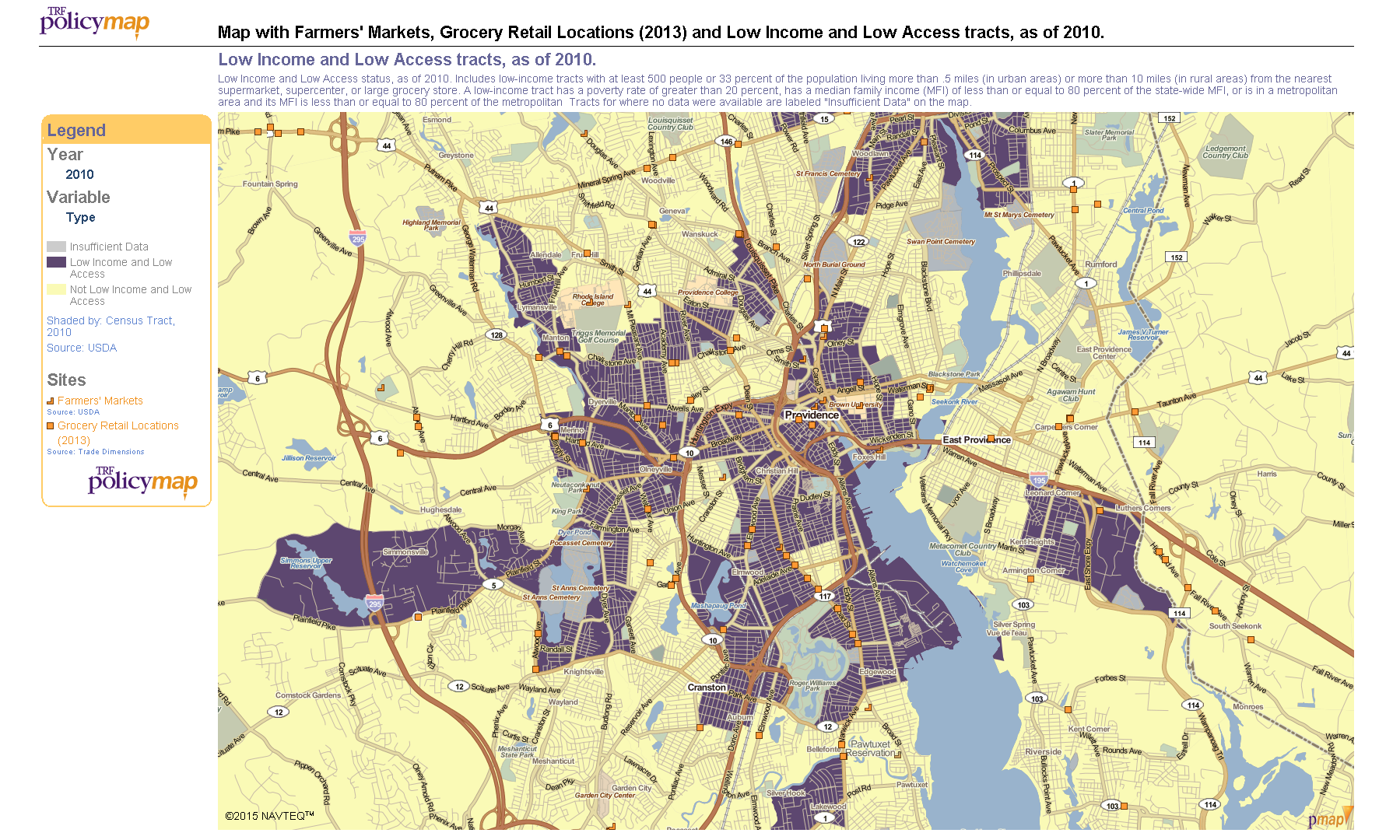 Figure 1.1 Map with Farmers’ Markets, Grocery Retail Locations (2013) and Low Income and Low Access Tracts, as of 2010