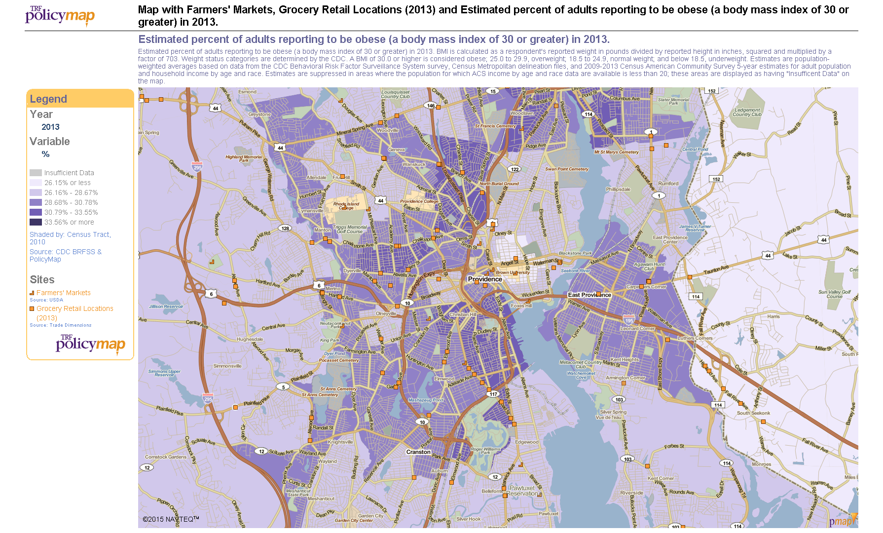 Figure 1.2 Map with Farmers’ Markets, Grocery Retail Locations (2013) and Estimated percent of adults reporting to be obese (a body mass index of 30 or greater) in 2013.