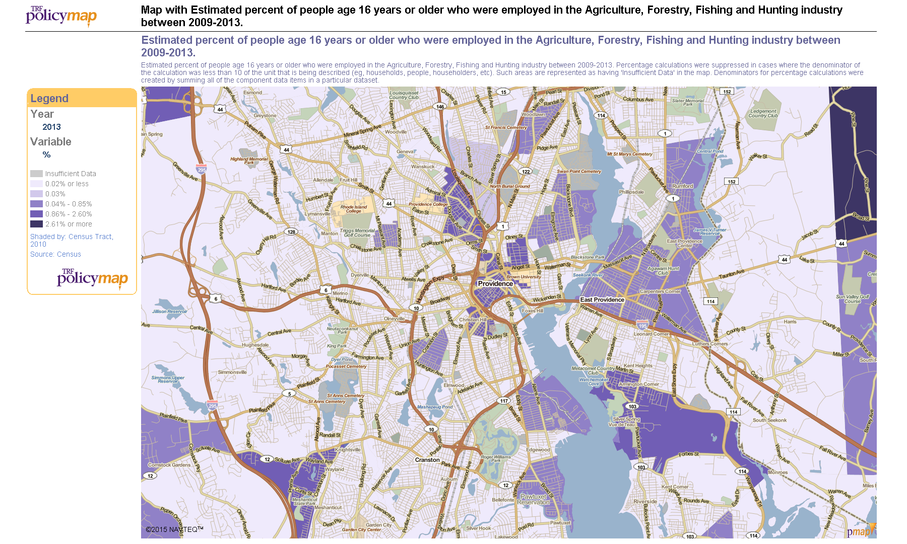 Figure 3.1 Map with Estimated percent of people age 16 years or older who were employed in Agriculture, Forestry, Fishing and Hunting Industry between 2009-2013