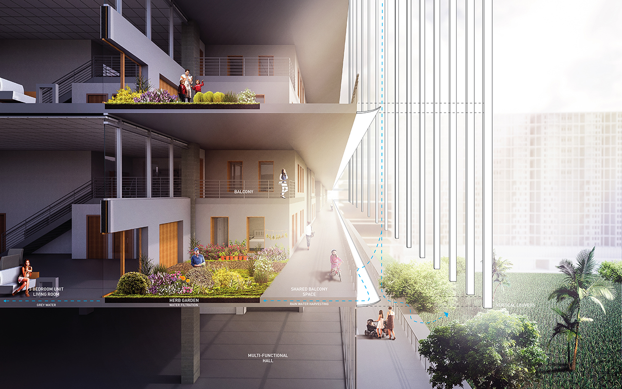 Building Type A Balcony Rendered Section Perspective