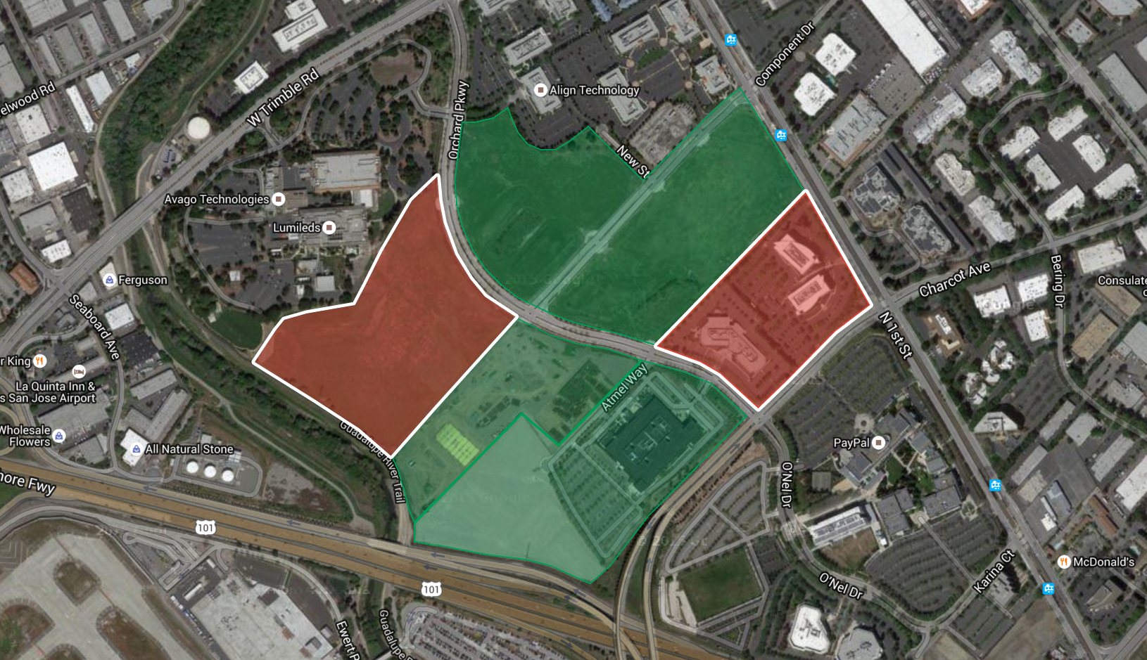 Apple's previously acquired/leased land (green) and property currently not owned by Apple (red).