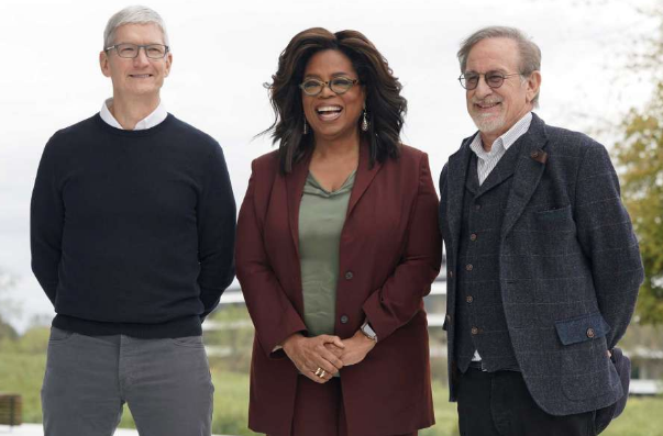 Tim Cook, Oprah Winfrey, and Steven Spielberg at Apple Park.