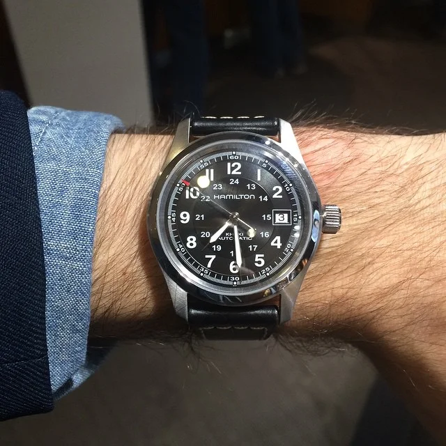 Trying on a Hamilton Field Khaki at the Tourneau store off 5th ave in NYC.