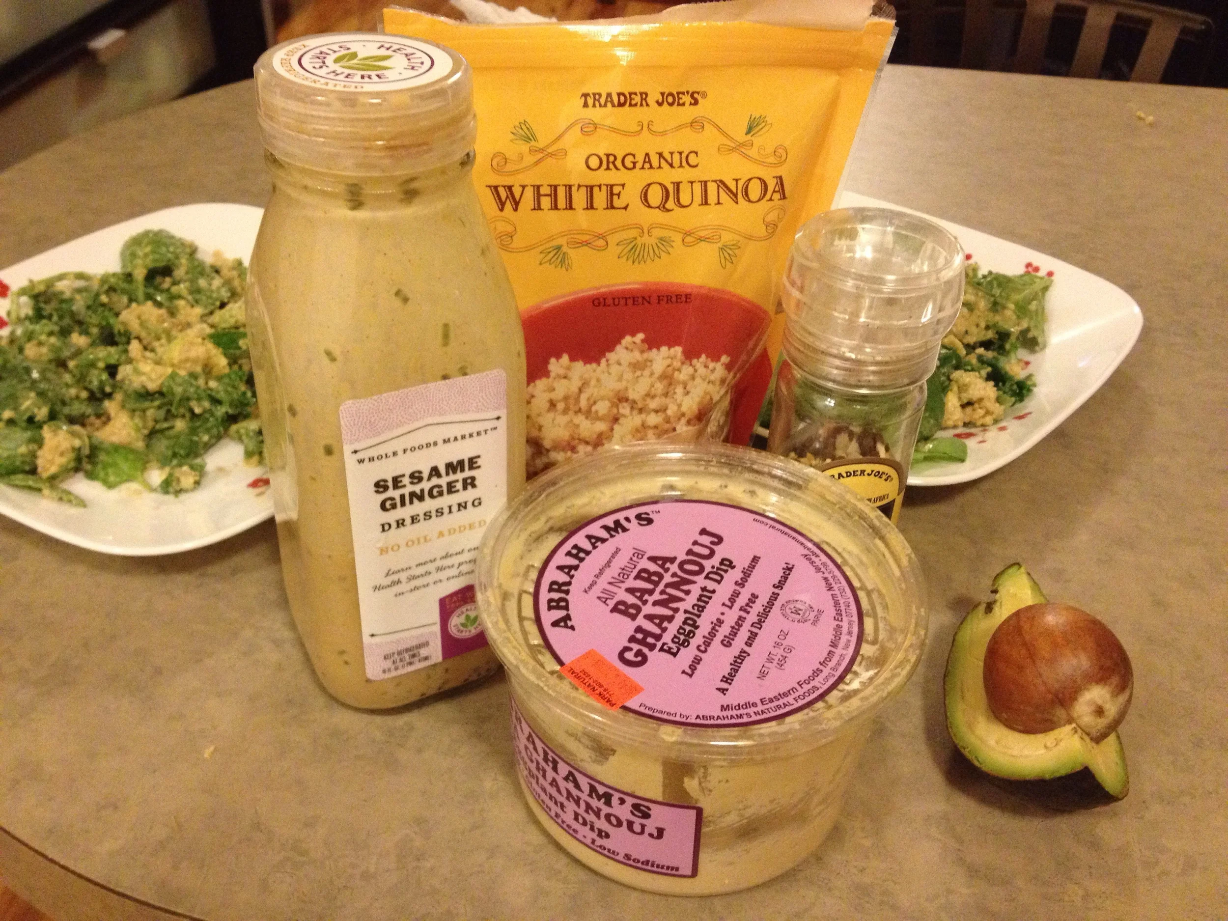 Pictured: Trader Joe's Organic White Quinoa, Cindy Kitchen's for Whole Food's Sesame Ginger Dressing, Abraham's All Natural Baba Ghannouj, Trader Joe's Lemon Pepper Seasoning