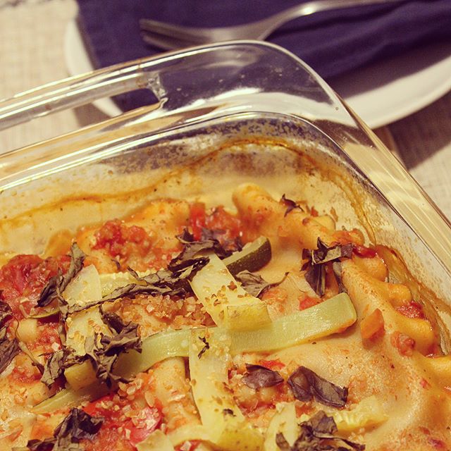 Swipe through to see how our vegan lasagna turned out. It passed the taste test! It's made with @engine2diet tomato sauce, gluten-free lasagna noodles, potatoes, zucchini, and home-grown basil. 🌿