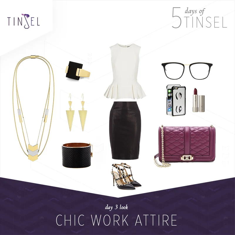 Shop the look: Ring: Accessorize , Earrings: Lana , Cuff: Céline , Peplum Top: Alexander McQueen , Skirt: Karen Miller , Shoes: Valentino , Glasses: Victoria Beckham , Phone Case: Kate Spade , Lipstick: ILIA , Bag: Rebecca Minkoff .
