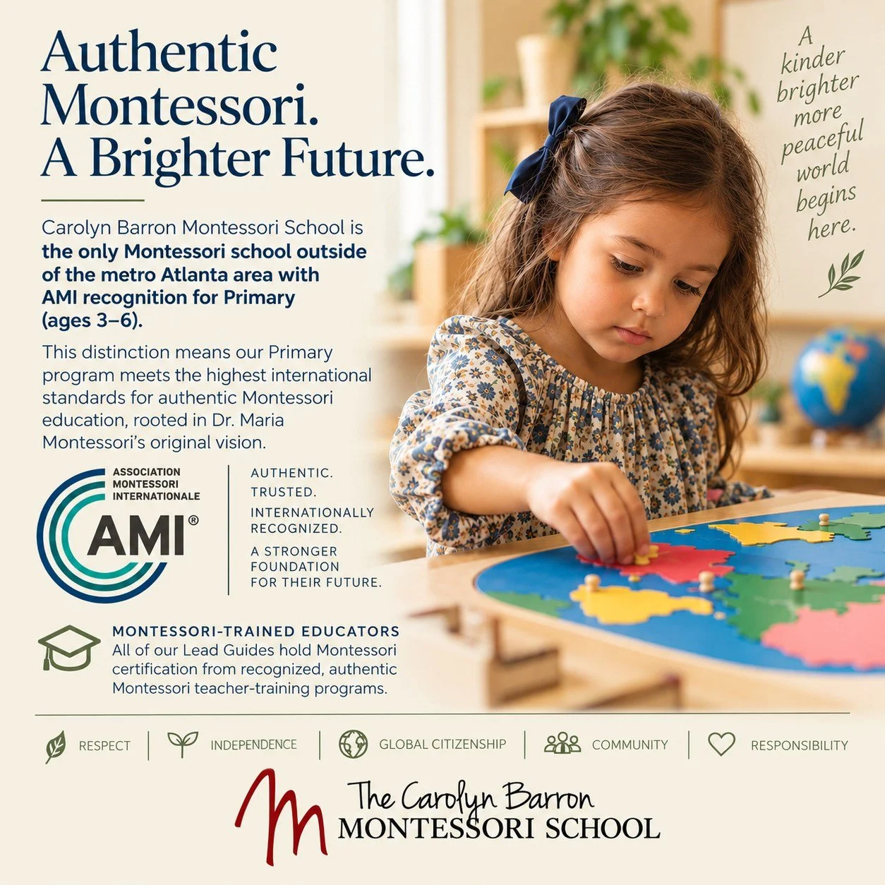Why choose The Carolyn Barron Montessori School?

🌿 Authentic AMI Recognition: The only school outside metro Atlanta with AMI recognition for ages 3&ndash;6.
🌿 Trained Educators: Every Lead Guide holds certified Montessori credentials.
🌿 Core Valu