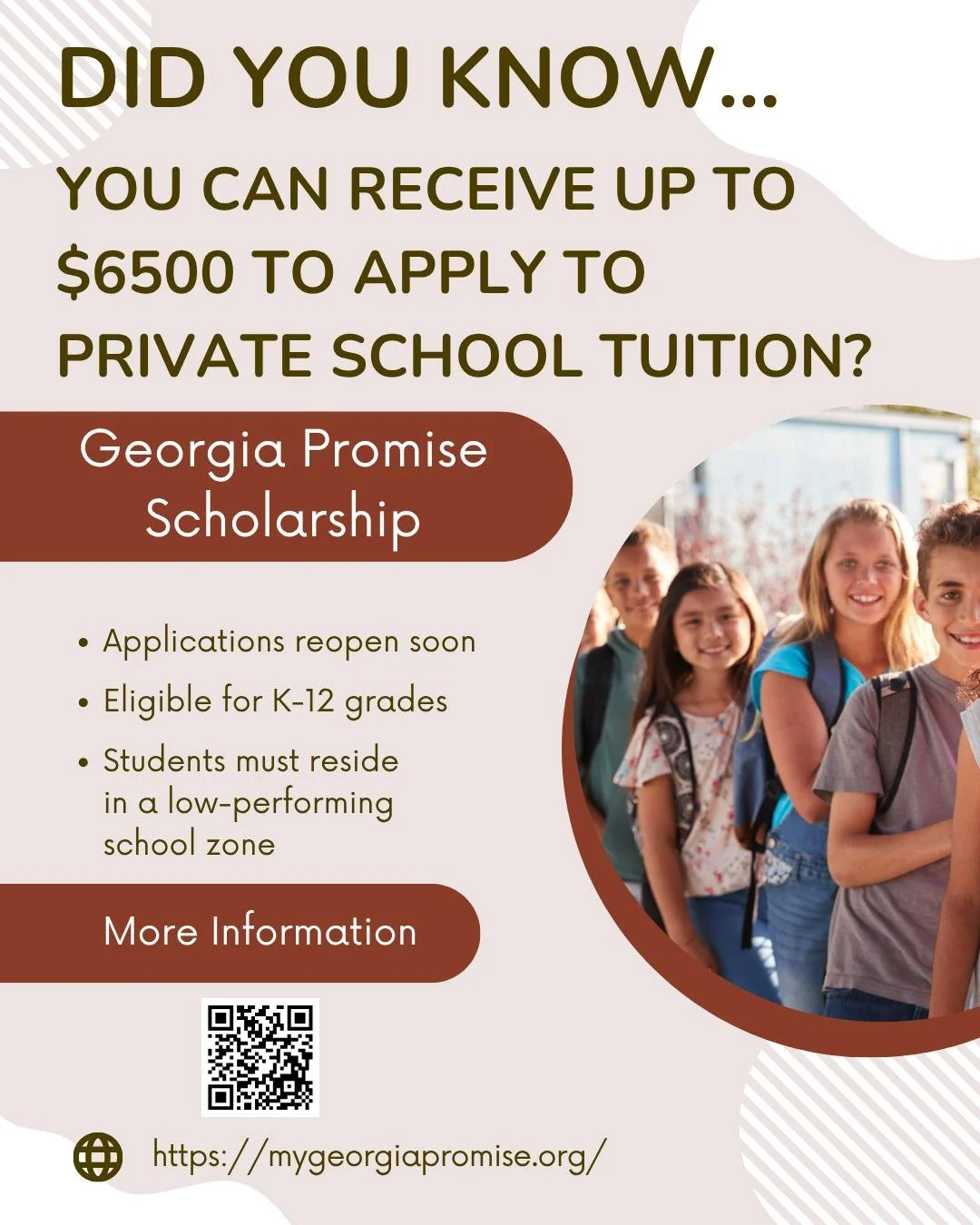 📢 Attention Coweta County Families! 
Applications for the Georgia Promise Scholarship open on November 1st and run through November 30th! This scholarship program provides eligible students up to $6,500/year for private school tuition.

📍 Who is el