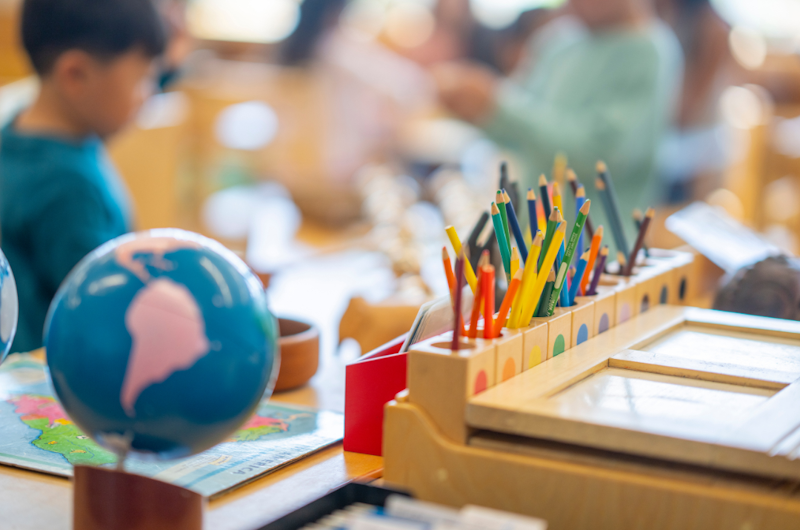 classroom globe and colored pencils