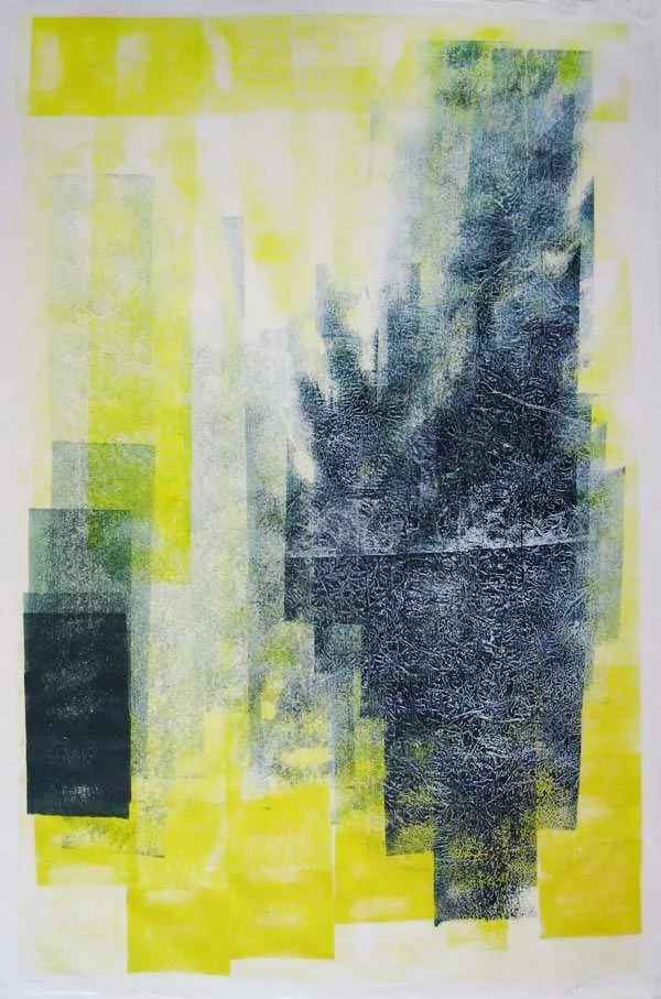 Collapse. 2014. woodcut, rubber and metal relief on Japanese paper. 39 in x 26 in
