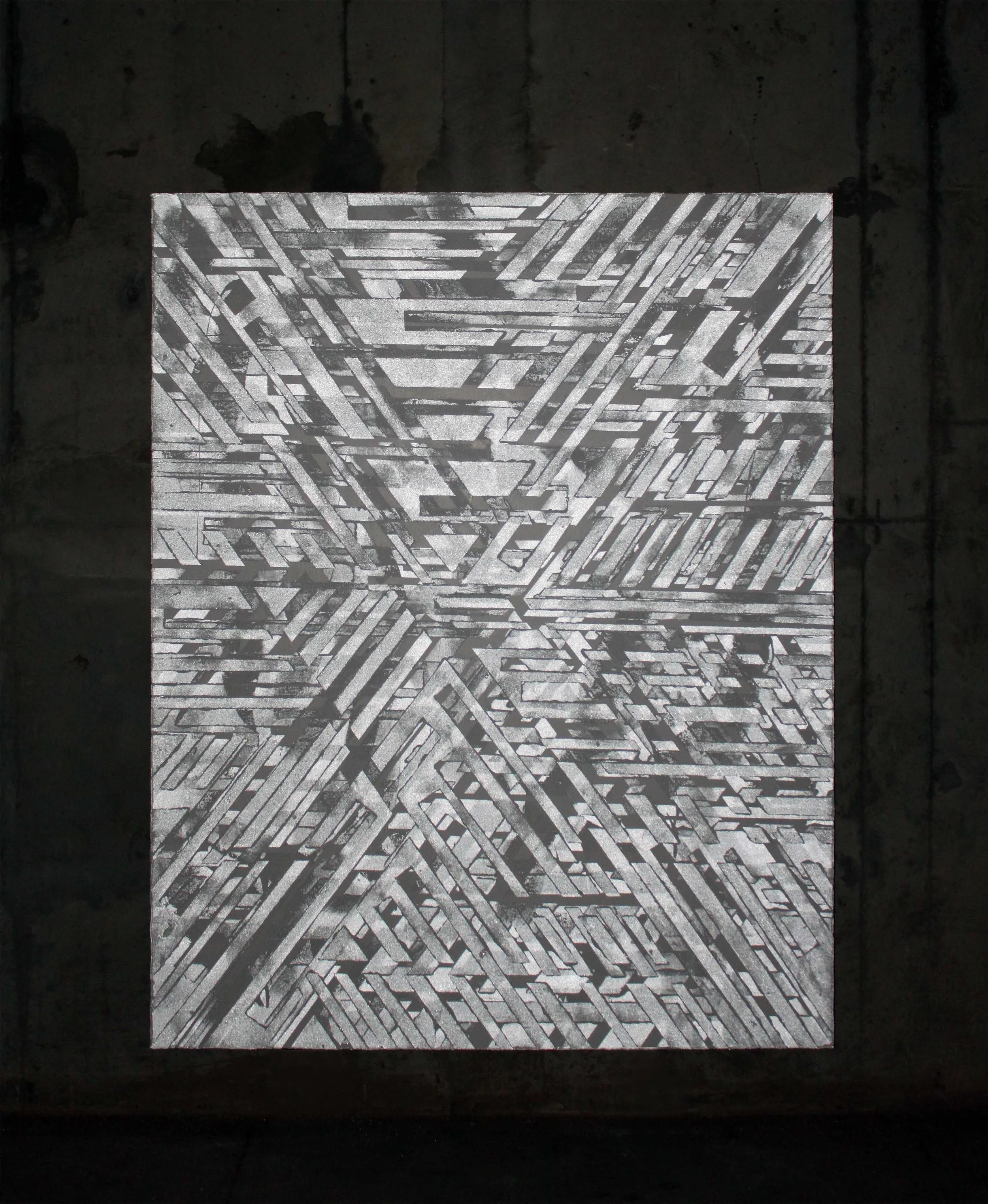 Sacred Landscape P6 (reflective) . 2019. Road paint and highway safety glass on canvas. 48 x 60 in.