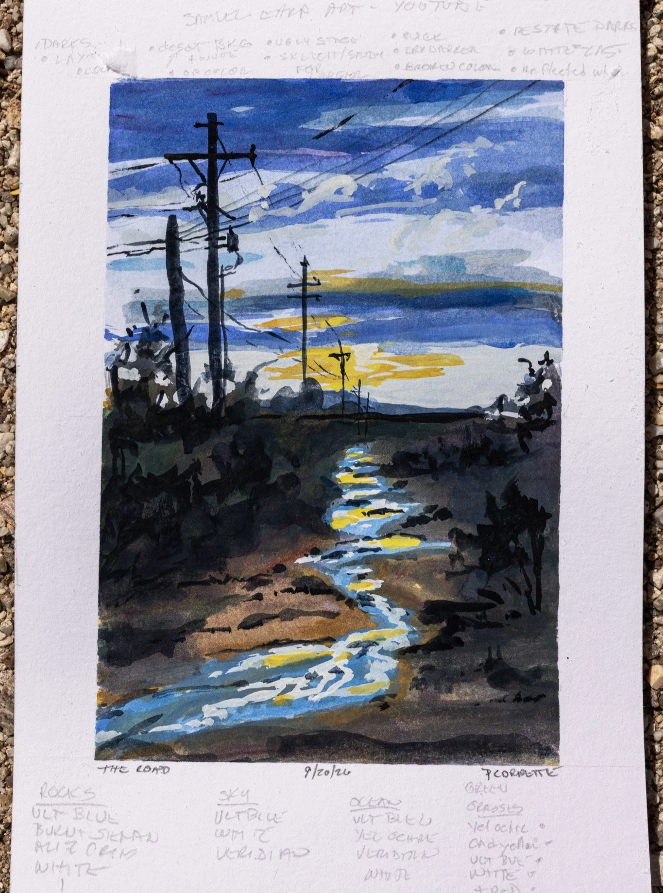 Haven't painted in a while, and it's been a very long time since I tried gouache. Water isn't easy. From the photo of our road after a storm that I posted previously.