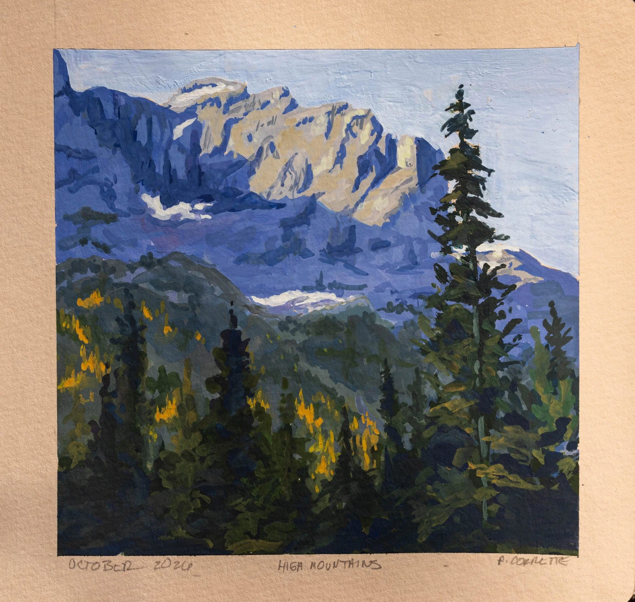 Glacier National Park.
My second painting in gouache class didn't begin well. Starting with mountains that looked terrible, I painted it over and took my time to really "see" them, carefully getting the color mixes just right, trying to wat