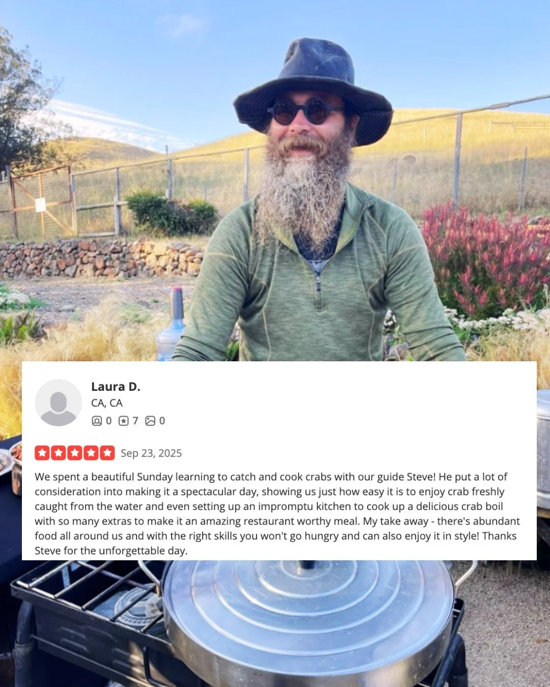 &quot;There's abundant food all around us and with the right skills you won't go hungry.&quot; ⭐️⭐️⭐️⭐️⭐️ Spend a Sunday with Steve learning to catch and cook Dungeness crab fresh from the water. He'll set up an impromptu beach kitchen and show you h