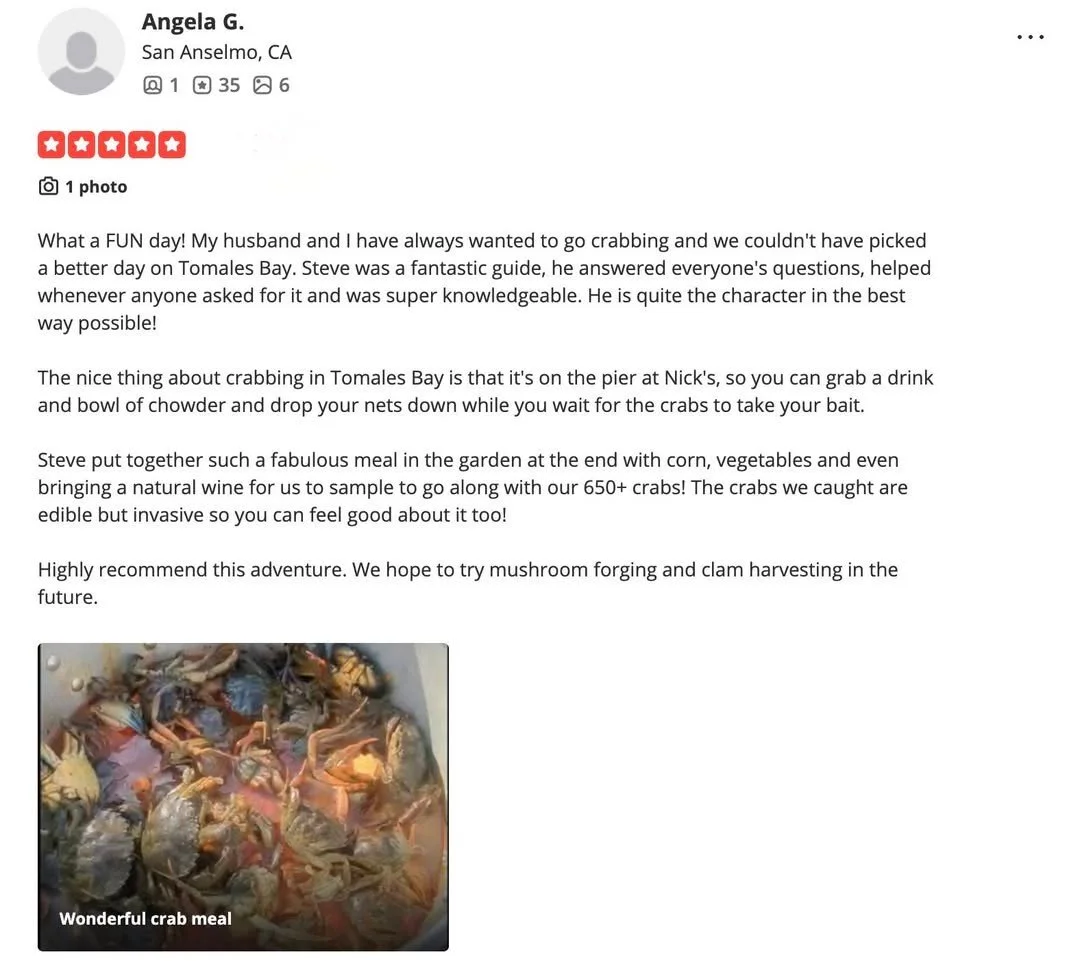 Catching crabs, cooking them up, and just having fun... Angela and her husband had the best day with Steve at Tomales Bay.

Upcoming class: December 21 #foragesf