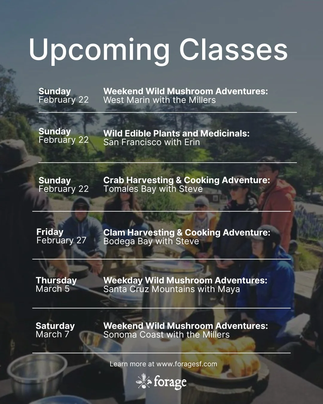 Friends, here's what we've got coming up over the next few weeks 🍄🦀🌿

Tickets at foragesf.com #foragesf