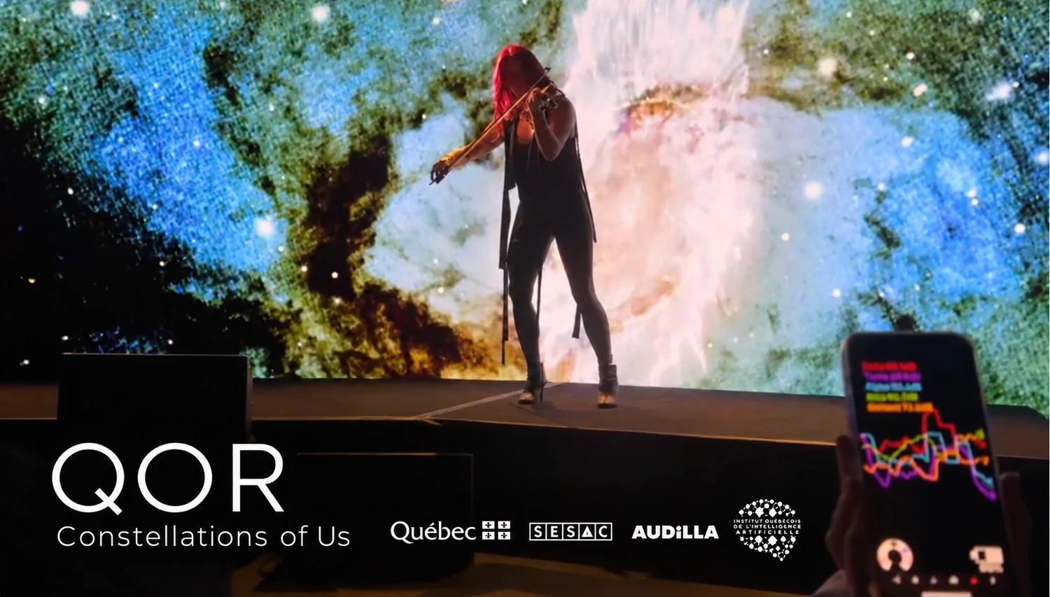 Nathalie Bonin performing violin at Infinity Festival, with QOR Constellations of Us and supporter logos.