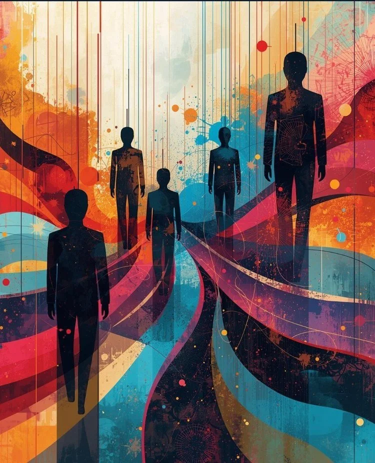 Digital artwork of human silhouettes connected by flowing colorful ribbons and lines.
