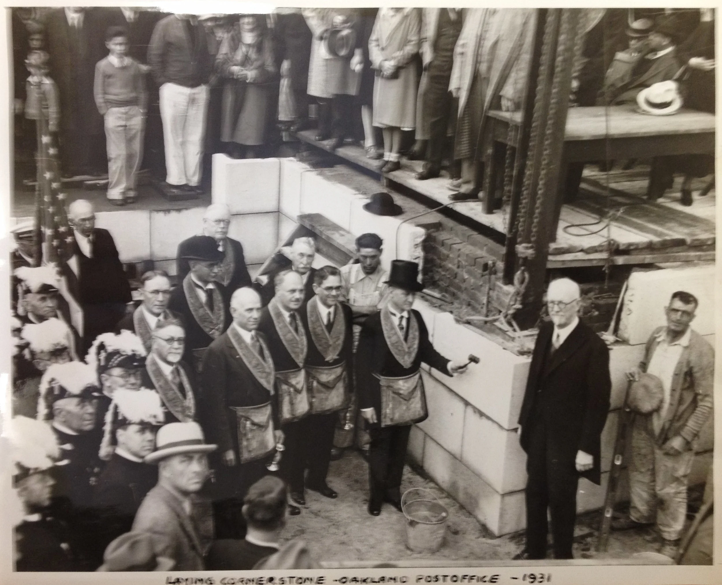 Laying the cornerstone was one of the many ceremonies surrounding the construction. More importantly, check out those sweet sashes. Courtesy of the Oakland History Room.