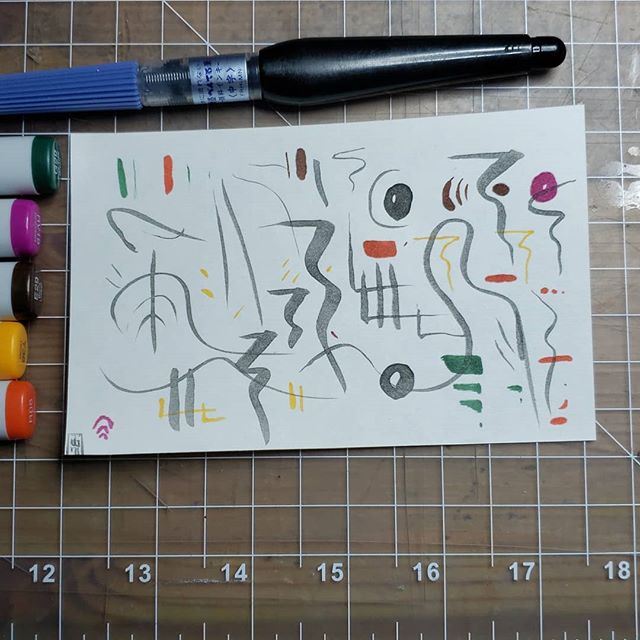 Listening to Xenakis.  Day 6/31.  Sometimes you just want to throw shapes and colors around. Thought about  Xenakis' technique of repetition and negation, and these are certainly.. shapes.  #inktober2019 #inktober