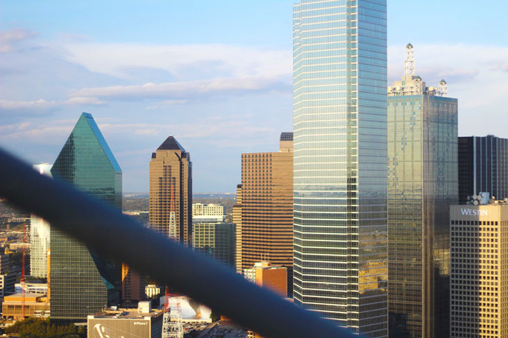 View of downtown Dallas from Wolfgang Puck’s Five Sixty restaurant in Reunion Tower.