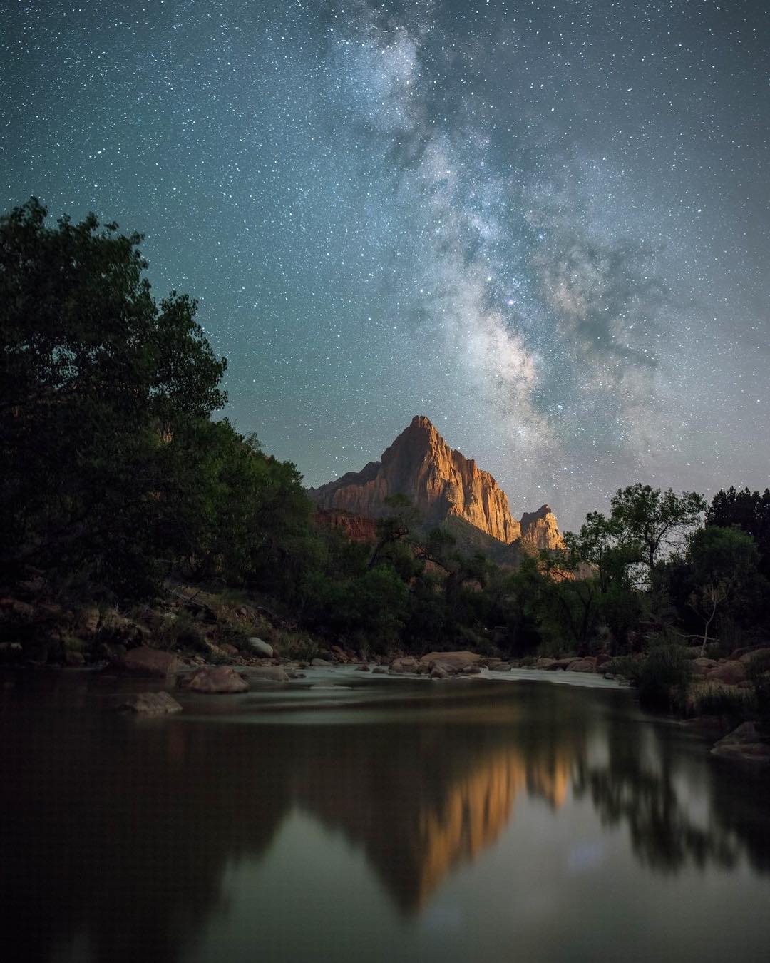 Zion Night Photo with the Watchman and Milkyway Reflection