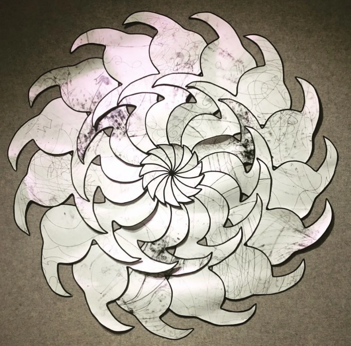 Spinning Wheel - paper, ink, bias tape, thread