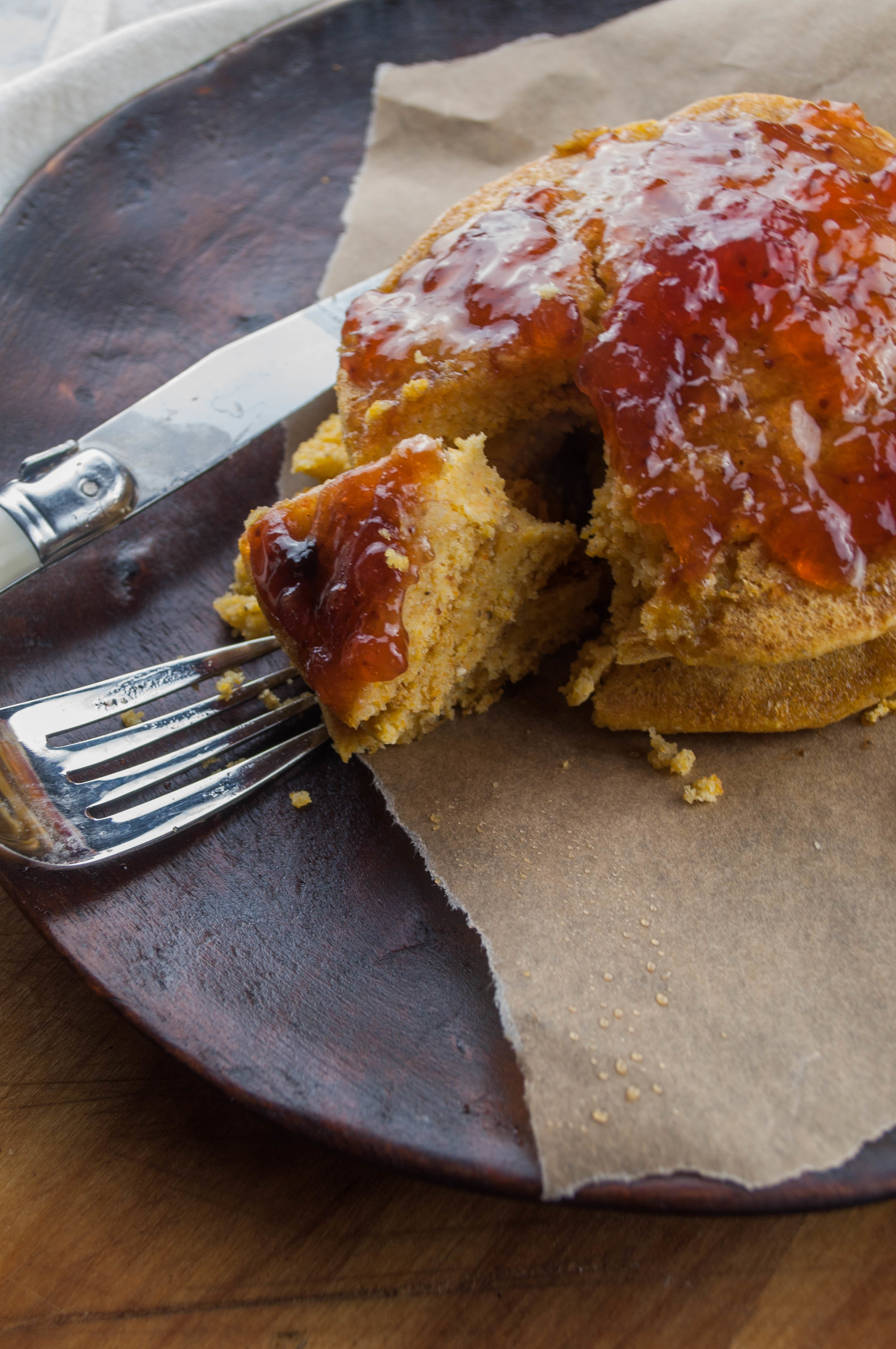 Fluffy Cornbread Pancakes with Strawberry Jam