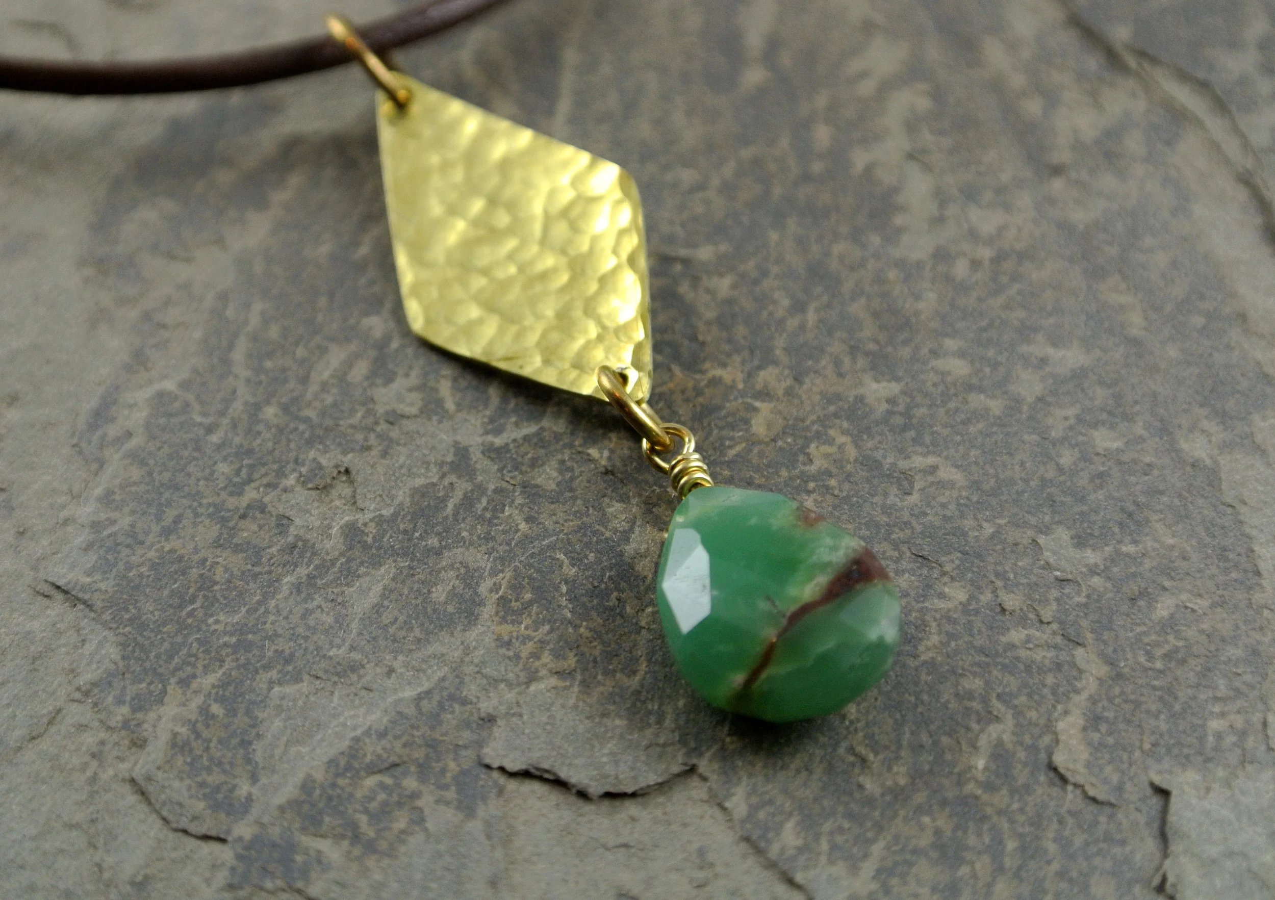 Brass and Chrysoprase Pendant (on Leather)