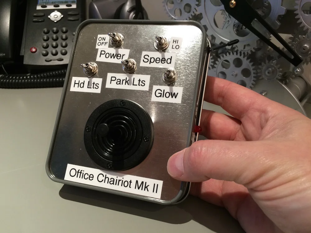 Introducing the Office Chairiot Mark II Wireless Remote (working prototype, anyway)