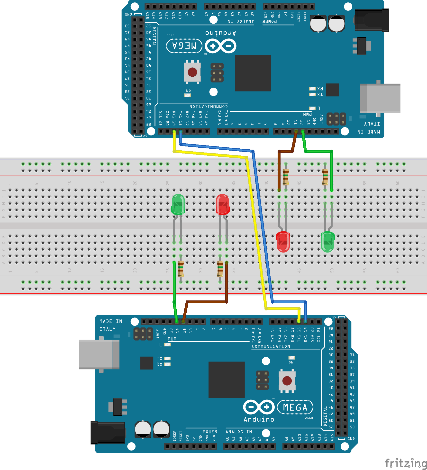 Arduino Mega 2560 to Arduino Mega 2560 Serial Packet Test Circuit Diagram