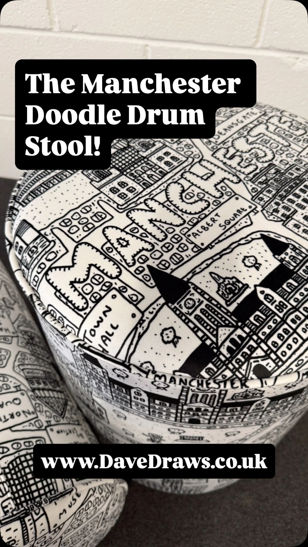 Doing the double…. Two Manchester Doodle Map drum stools all finished and heading out!!
These are part of a mural commission completed recently- the two drum stools with be a nice feature for the reception area!!
These also are currently
