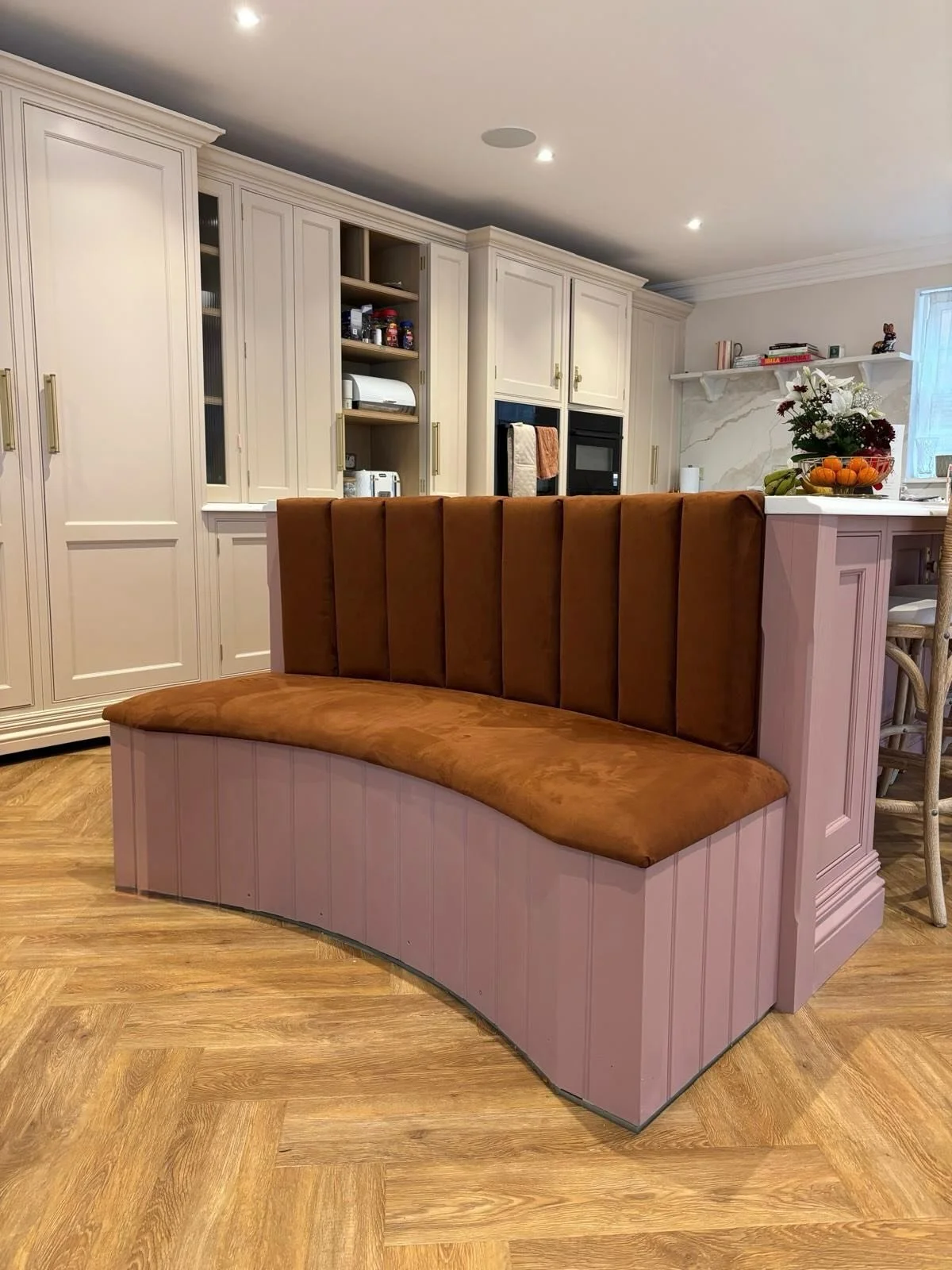 Nice little bespoke kitchen bench installed recently.

Finished in Warwick Matator; a synthetic suede feel fabric.