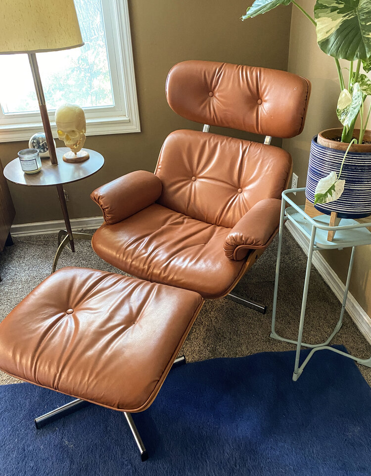 Italian Leather CoFeMo Replica Lounge Chair and Ottoman- — Wheat State Vintage