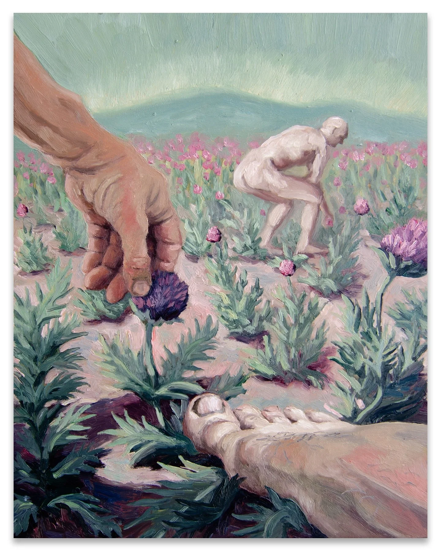 The Purple Thistle Pickers, it is not recommended to pick these thistles without clothes or shoes. However, the flowers are medicinal. Oil on wood panel, 11x14in, 2023
.
.
#oilpainting #painting #art #figurativeartist #figurativeart #thistle #purplet