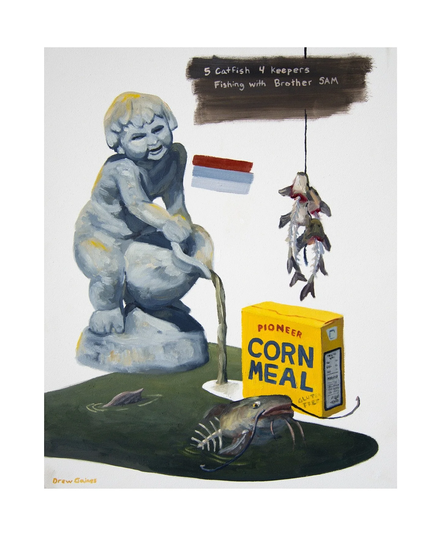 Five Catfish, Four Keepers, Fishing with Brother Sam, a painting done after a late night, drunken catch with my brother @samsspeedshop_ . We ate those catfish caught below our mom&rsquo;s backyard. Oil on panel
.
.
#art #oilpainting #catfish #catfish