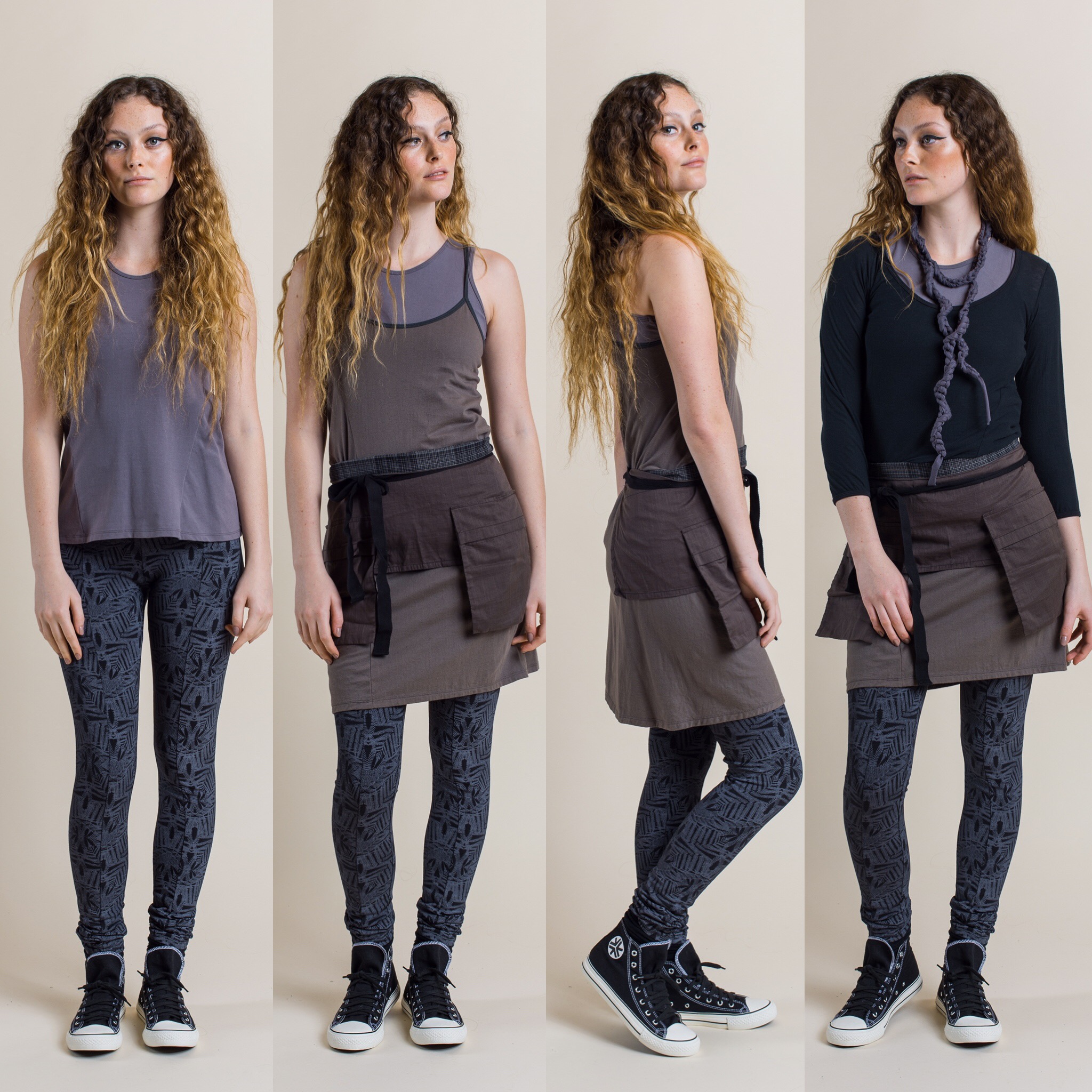  Fern Printed Leggings in shadow with Tansy Top in Dove(far left) , add Nasturtium Slip in rock and Pocket Belt in mineral colour. Swivel top black and Tendril necklace/belt added (far right) 