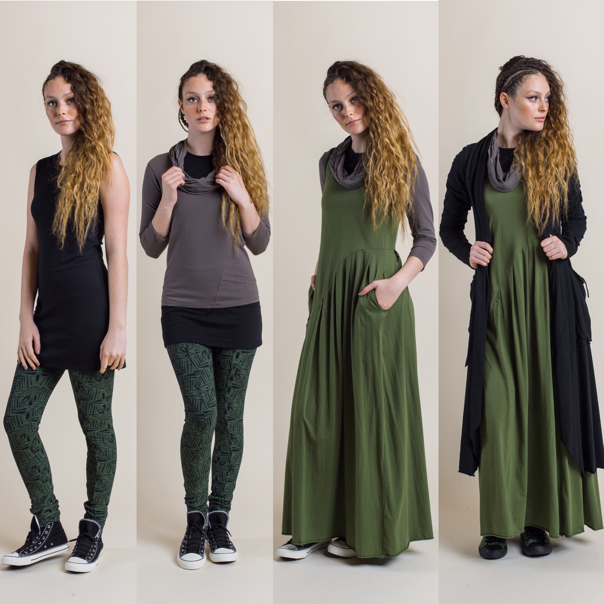  Fern Printed Legging in fern with Josie dress in black, add Robin Top in rock, then add Faith Maxi in fern, finally add Annabel Coat in black. 