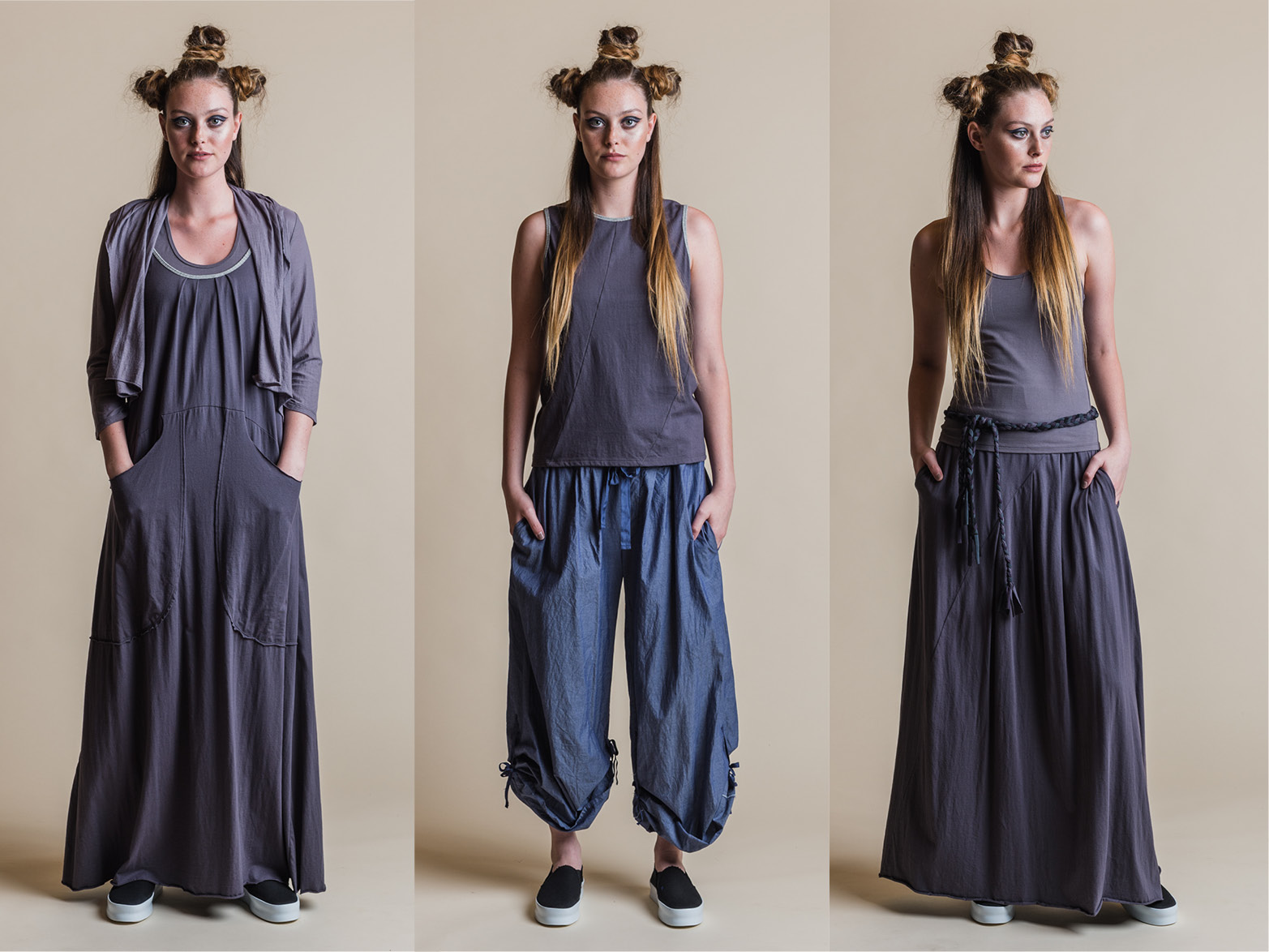 LEFT: BRIANA MAXI DRESS, ISADORA SINGLET + ESTER CARDI MIDDLE: PERLA TANK + ADA PANT RIGHT: ISADORA SINGLET, FAITH SKIRT + BRAID BELT