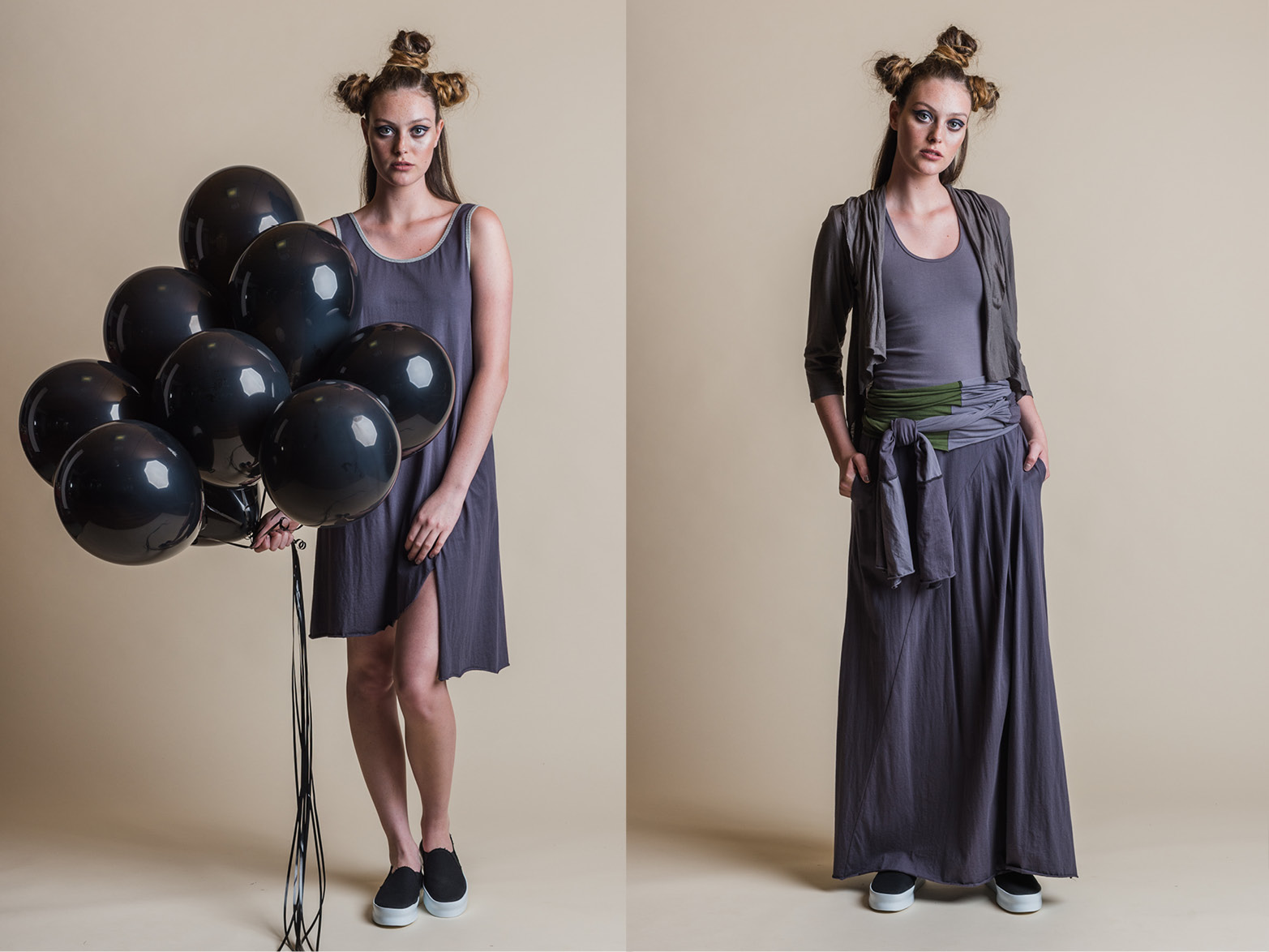 LEFT: BROOKE DRESS RIGHT: ISADORA SINGLET, FAITH SKIRT, ESTER CARDI + ORGANIC SASH