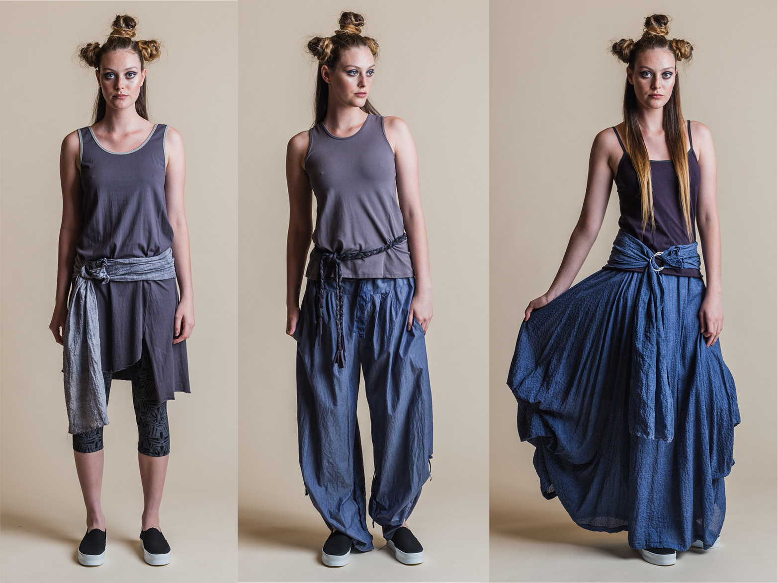 LEFT: BROOKE DRESS, FERN PRINT 3/4 LEGGING + YOKO SASH MIDDLE: TANSY TOP, ADA PANT + BRAID BELT RIGHT: NASTURTIUM TOP, WILLOW SKIRT + YOKO SASH
