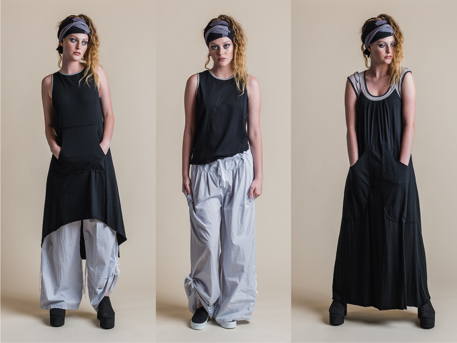 LEFT: BLYTHE DRESS + ADA PANT MIDDLE: PERLA TANK + ADA PANT RIGHT: SLANT TOP + BRIANA MAXI DRESS