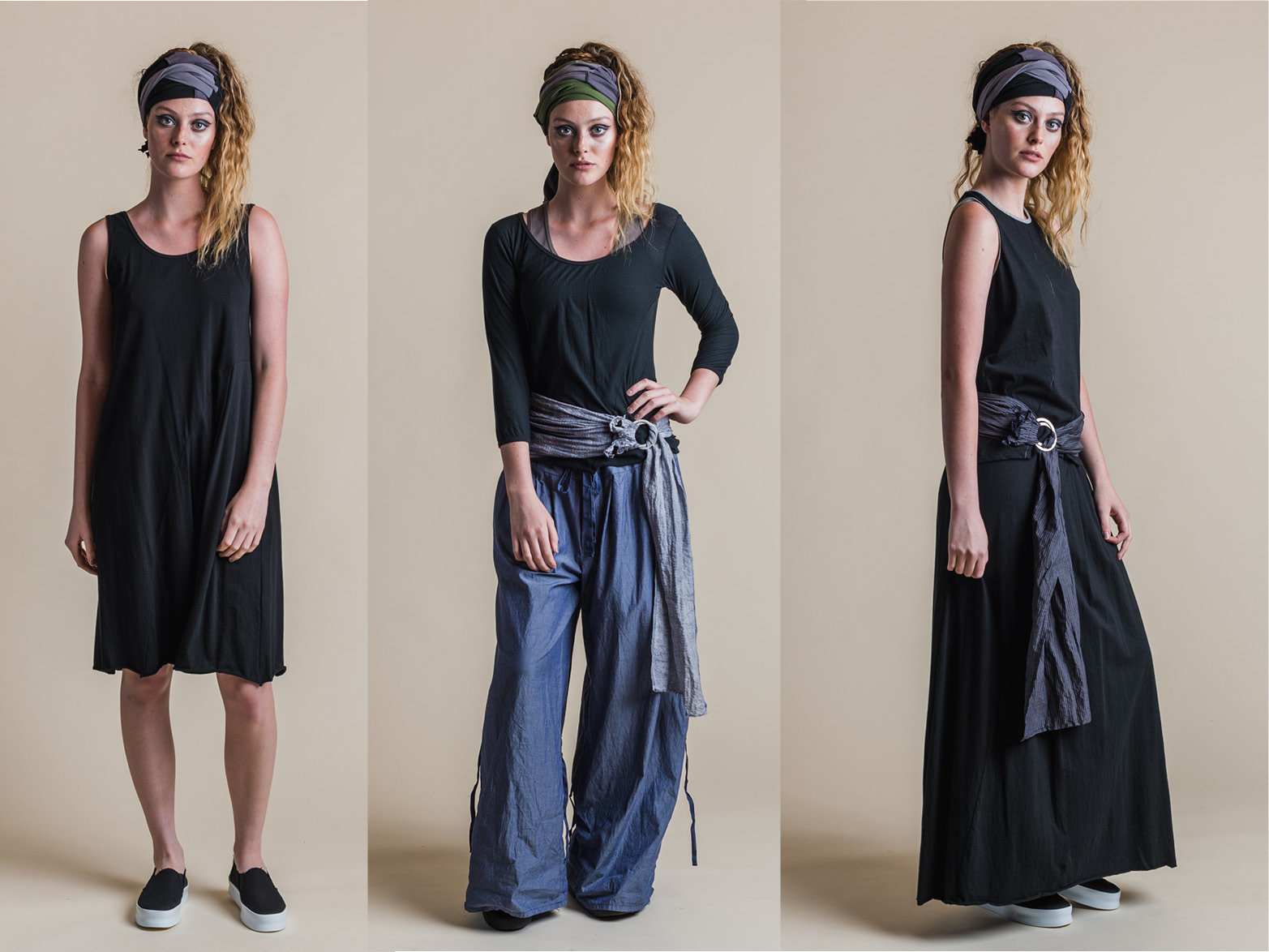LEFT: FAITH DRESS MIDDLE: ISADORA SINGLET, SWIVEL TOP, ADA PANT + YOKO SASH RIGHT: PERLA TANK, FAITH SKIRT + YOKO SASH