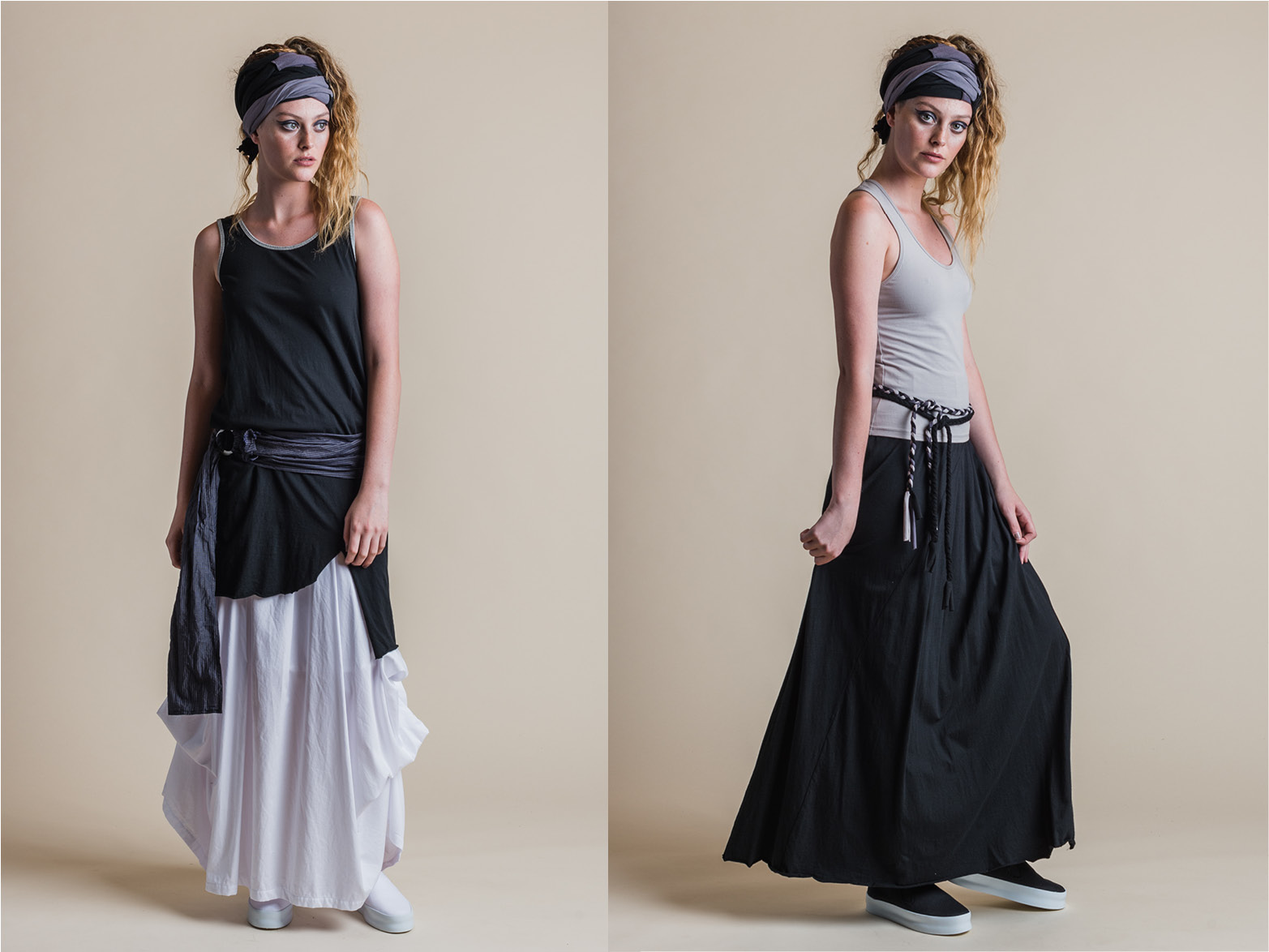LEFT: BROOOKE DRESS, WILLOW SKIRT + YOKO SASH (ORGANIC SASH WORN AS HEAD WRAP) RIGHT: ISADORA SINGLET, FAITH SKIRT + BRAID BELT