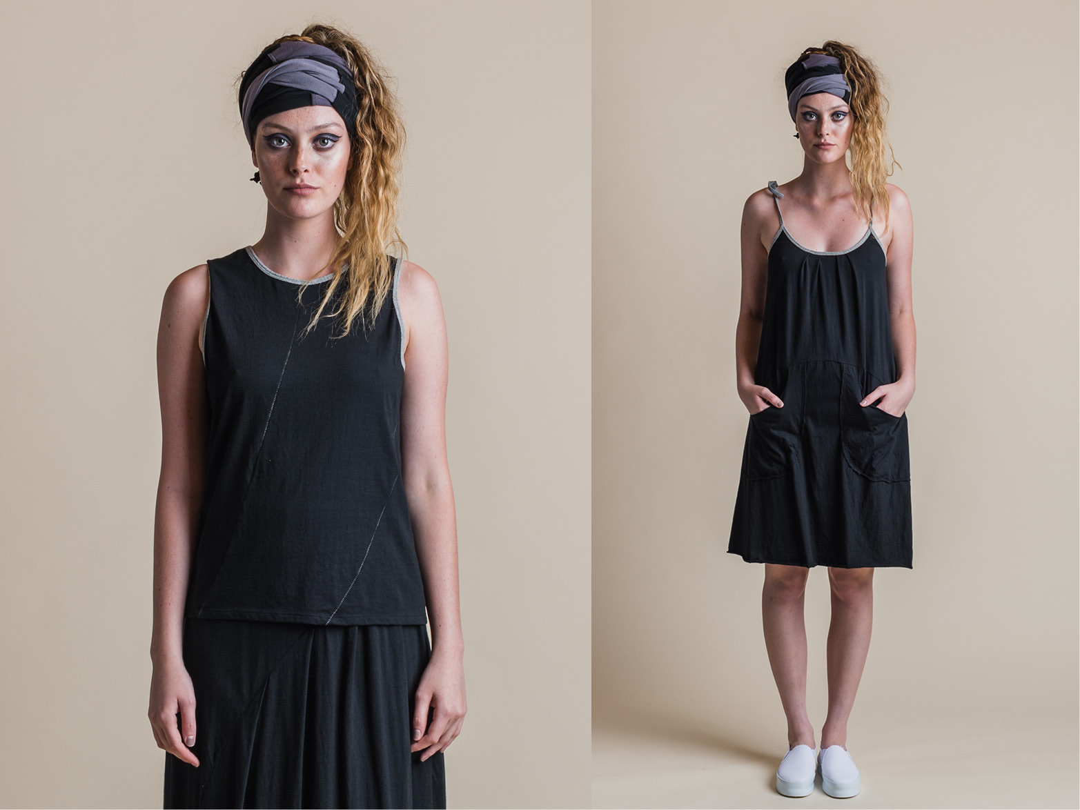 LEFT: PERLA TANK + FAITH SKIRT (ORGANIC SASH WORN AS HEAD WRAP) RIGHT: BRIANA DRESS